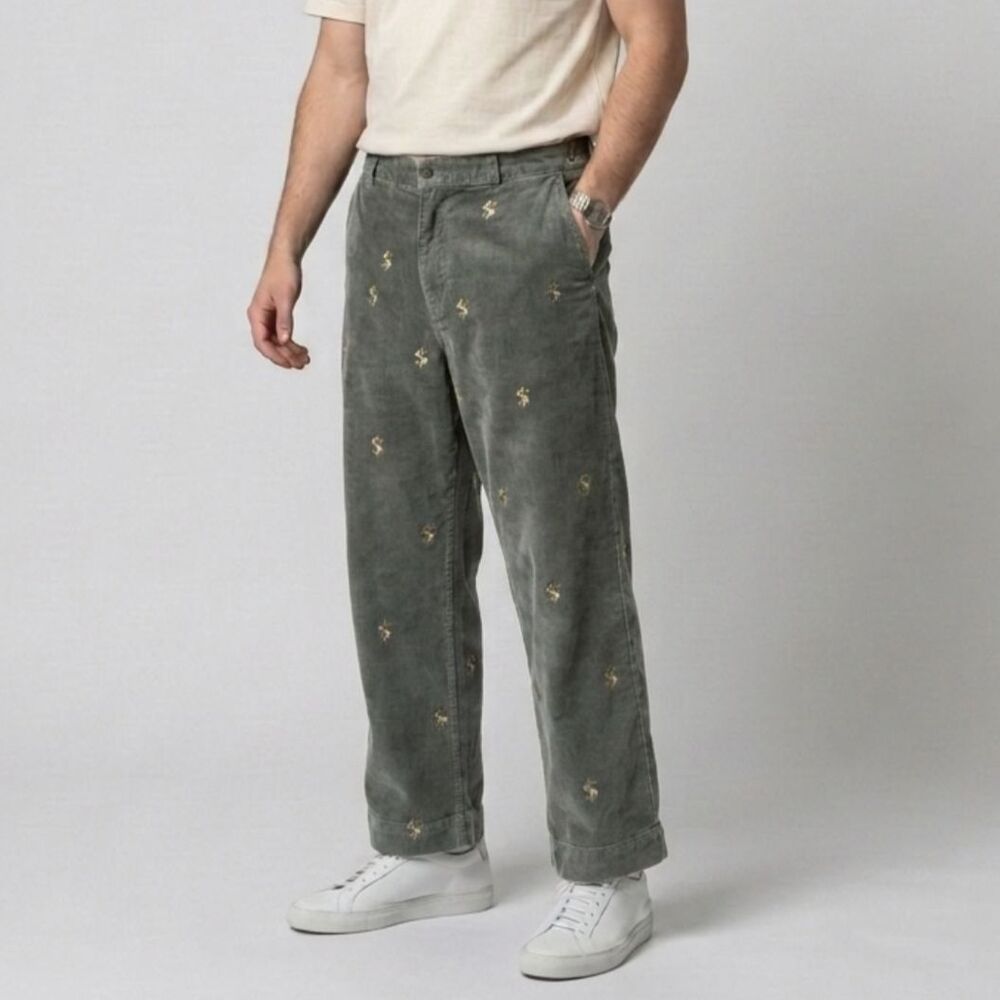 Urban Outfitters Wide Leg Corduroy Pants 36 Faded Grey Green Dollar Sign Skater